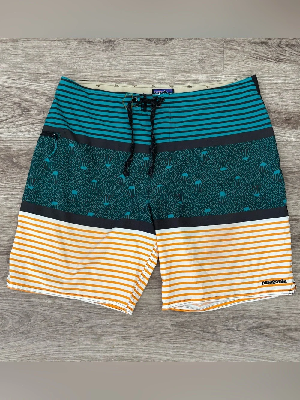Patagonia Men’s Teal & Yellow Striped Swim Trunks